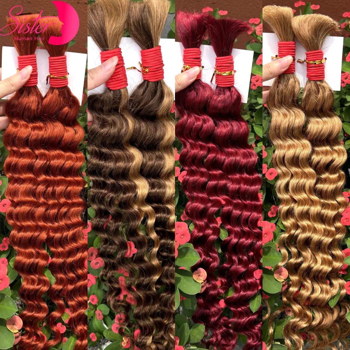 16-24inch 2 Bundles/Pack Colored Human Braiding Hair for Boho Braids 12A Brazilian Deep Wave Bulk Human Hair for Bohemian Braids
