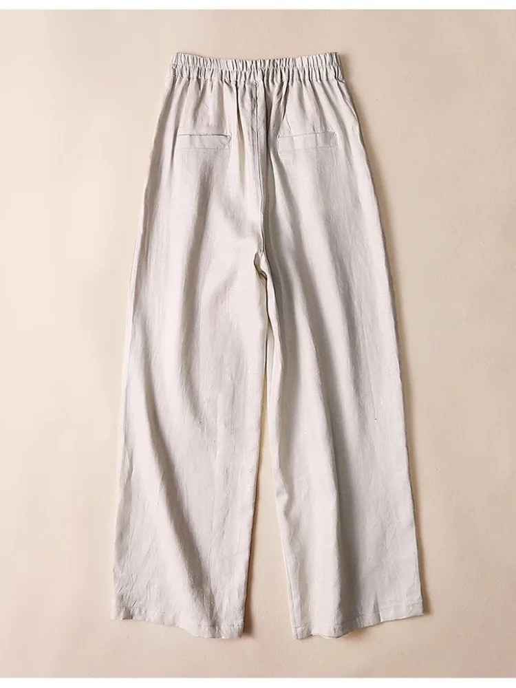 กางเกงขายาวผ้าลินินสีชมพูทรงขากว้างสำหรับผู้หญิง ใส่สบายในฤดูร้อน ดีไซน์เรียบง่าย ช่วยให้ดูผอมลง สไตล์ลำลอง ผ้าฝ้ายผสมลินิน ความยาวเก้าส่วน เหมาะสำหรับใส่ไปทำงาน