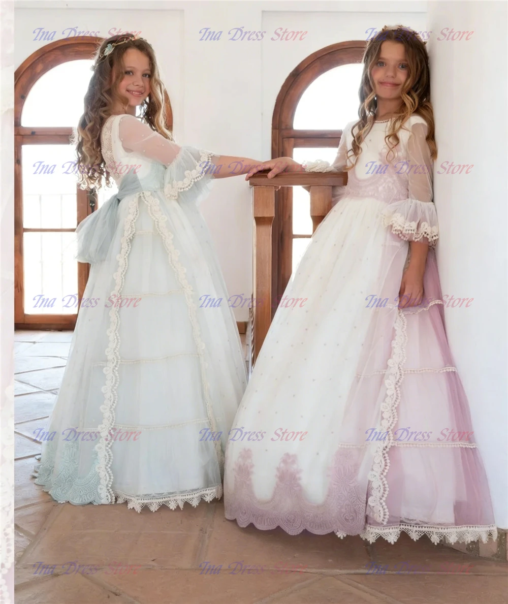 Elegant Idyllic First Communion Gowns Chiffon Skirt Lace Appliques Flower Girl Dress for Kids Wedding Birthday Party Dresses