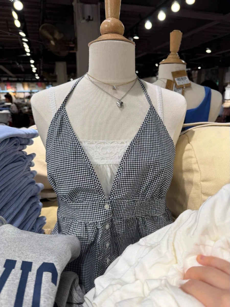 Black Plaid Backless Camisole Woman Summer Single Breasted Back Elastic Band Halter Tank Tops Female Vintage Casual Cotton Vest