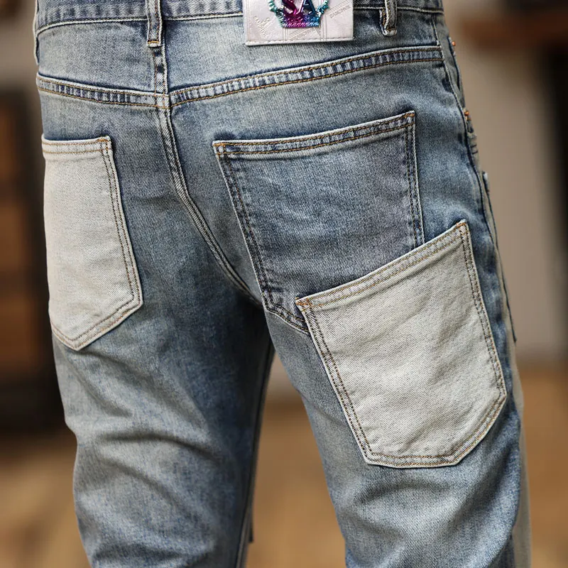 Street Fashion Men Jeans Retro Blue Stretch Skinny Fit Ripped Jeans Men Pocket Patched Designer Hip Hop Denim Pencil Pants Homme