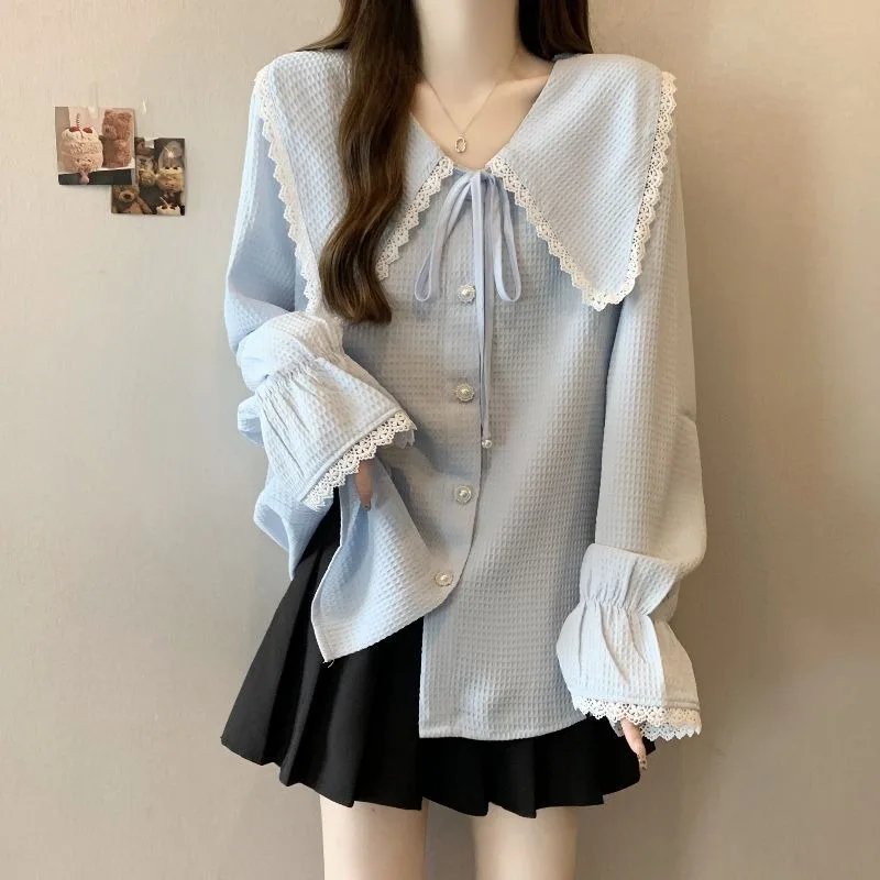 

2025 Bow Doll Collar Loose Long-sleeved Shirt New Style Shirt Large Size Sweet Slim Design Top