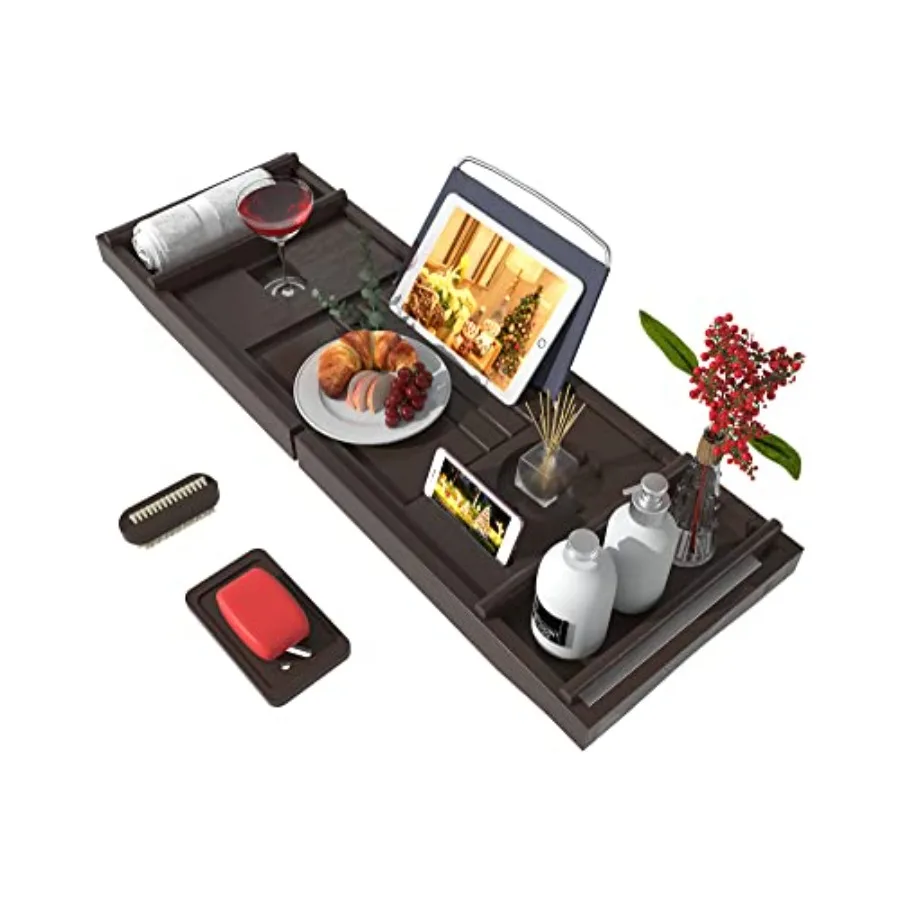 

Bathtub Caddy Tray for Luxury Bath - Bamboo Waterproof Expandable Bath Table Over Tub with Wine and Book Holder and Free Soap D