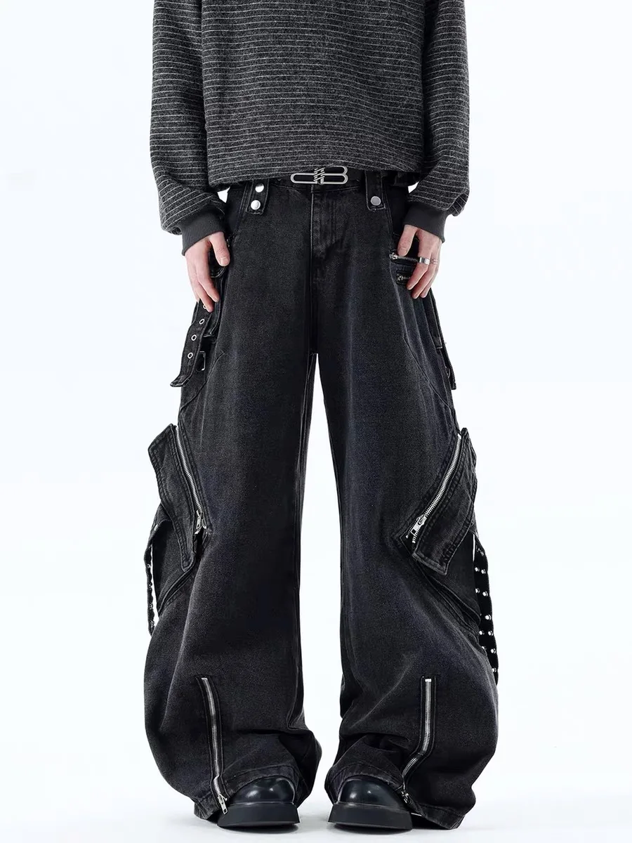 

High Waist Wide Leg Knife Pocket Workwear Denim Jeans Men Women American High Street Hip Hop Subculture Multi Pocket Trousers