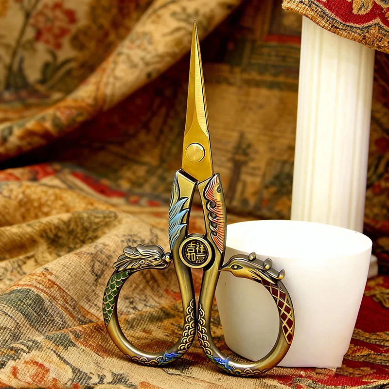 Vintage Dragon and Phoenix Scissors Stainless Steel Chinoiserie Tailor Sewing Scissors for Stitch Cutting Embroidery Handcraft