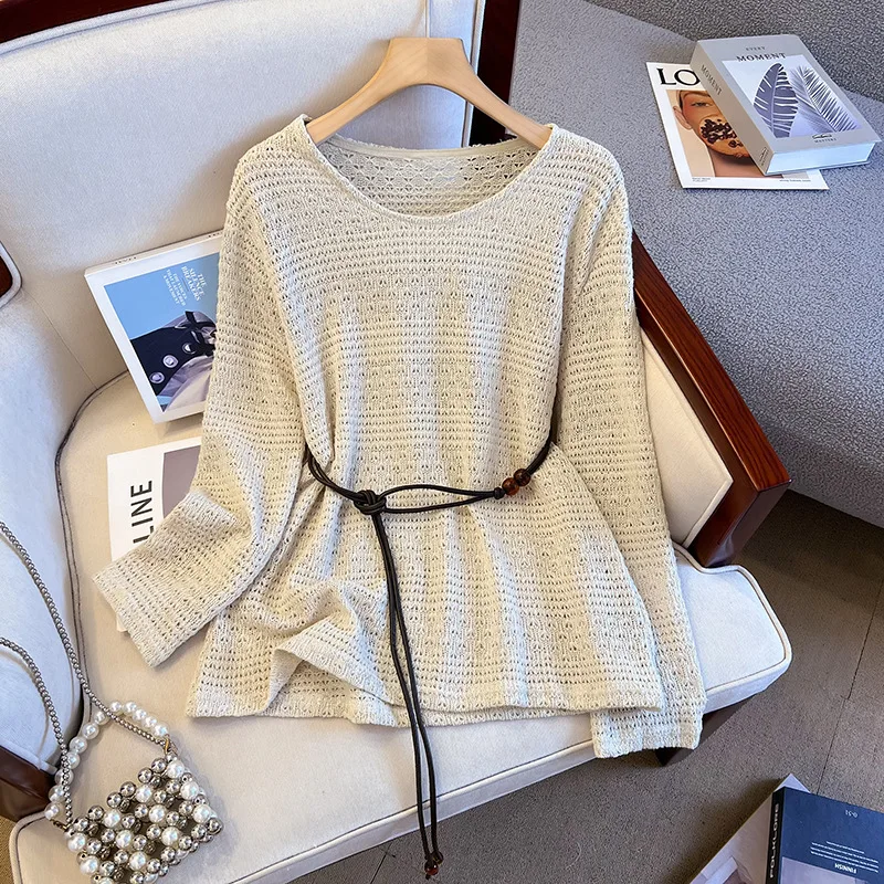 Hollowed-Out Waist-Cinching Women's Knit Sweater, 2026 Spring New Korean-Style Casual Long-Sleeve Top For Women