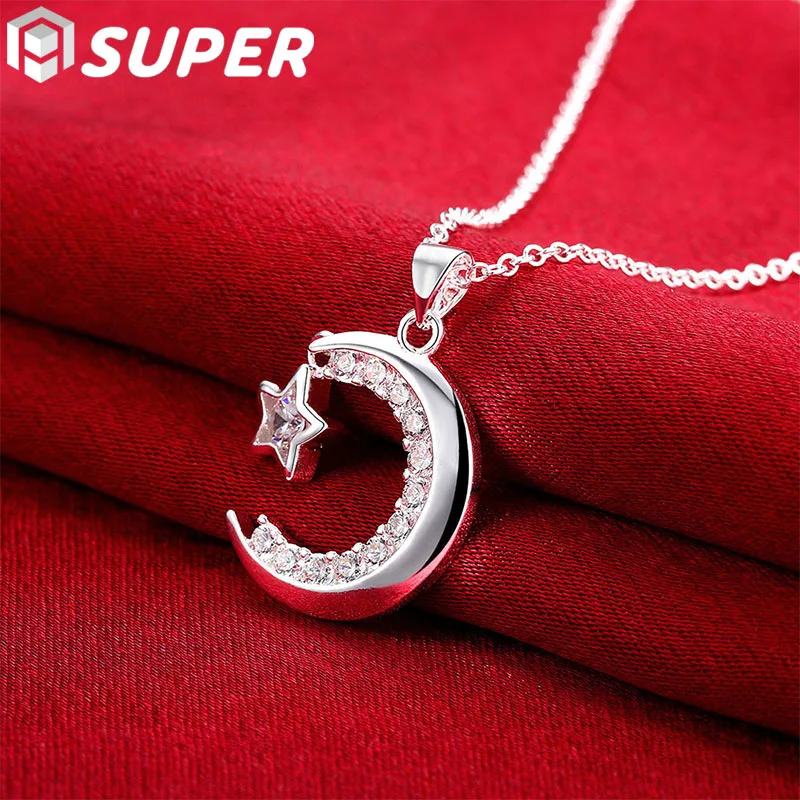 

925 Sterling Silver Moon Star AAA Zircon Pendant Necklace 18-30 Inch Chain For Woman Wedding Engagement Party Jewelry