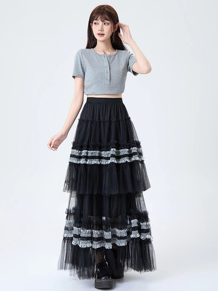 

Women Skirt Summer Intricate Tulle Tiered Midi High Waist Voluminous A-Line Pleated Scalloped Ruffle Hem Faldas Female SK116