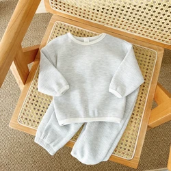 Korean Autumn Baby Clothes Set Cotton Waffle Patched Brand Shirts Suit Solid Loose Stretch Spring Infant Girl Baby Outfit