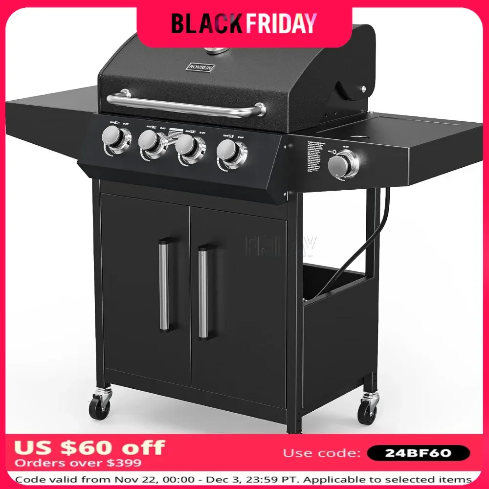 BBQ Grill with Side Burner, Enameled Cast Iron Grates, 58,000 BTU Barbecue Grill with Wheels for Outdoor Patio, Barbecue Grill