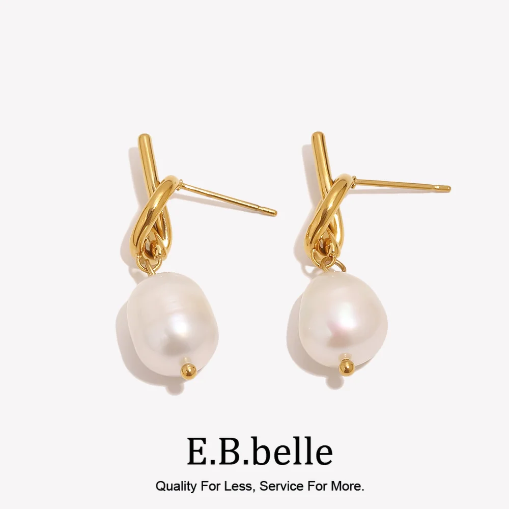 Knot Button Freshwater Pearl Drop Earrings Water Resistant 316L Stainless Steel Jewelry 18K Gold Plated Earrings for Women