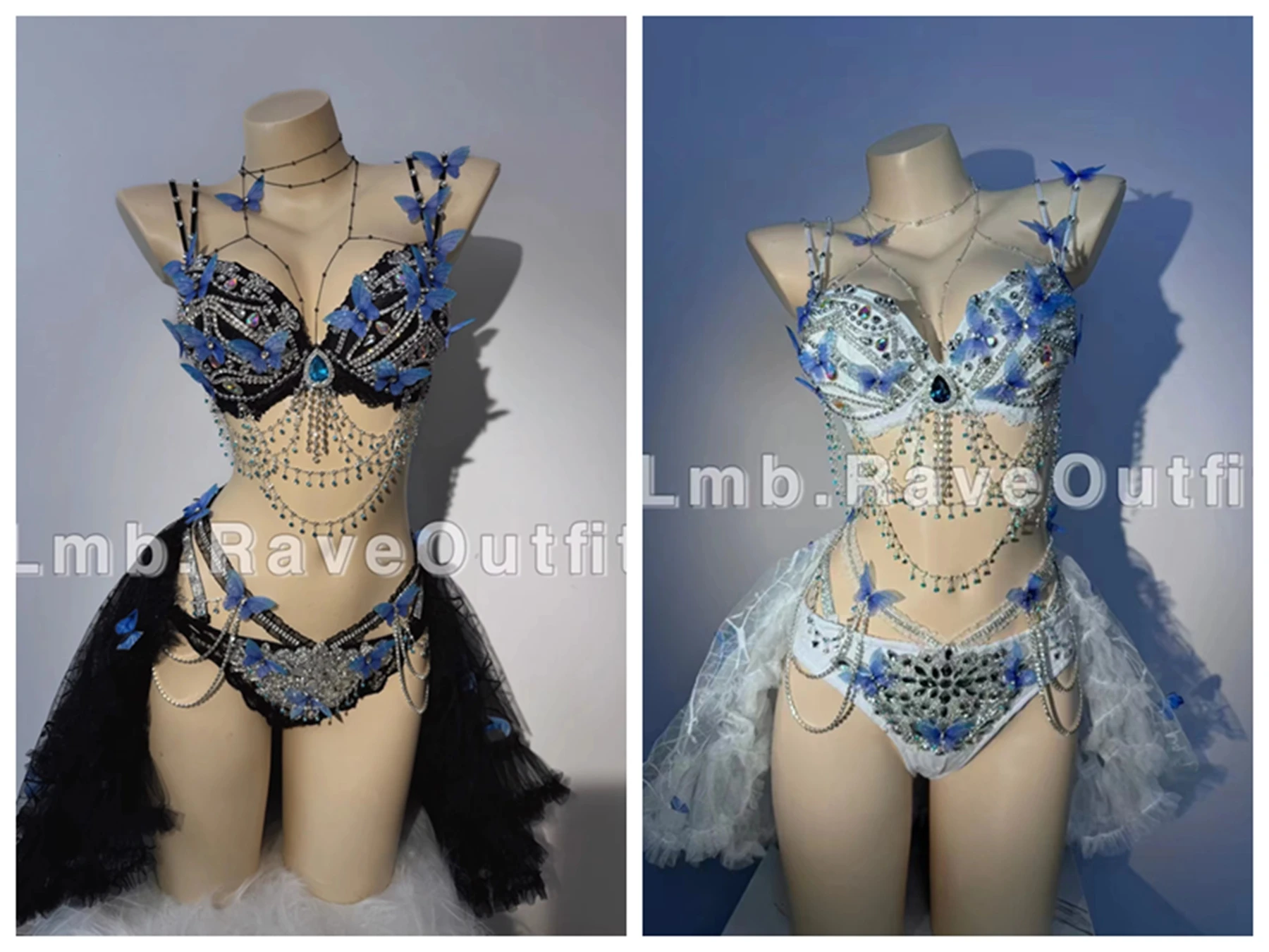 Blue Butterfly Sexy ExquisiteTassel Bikini Dress Outfits Nightclub Bar Female Singer Dance Stage Costume Party Rave Festival Set