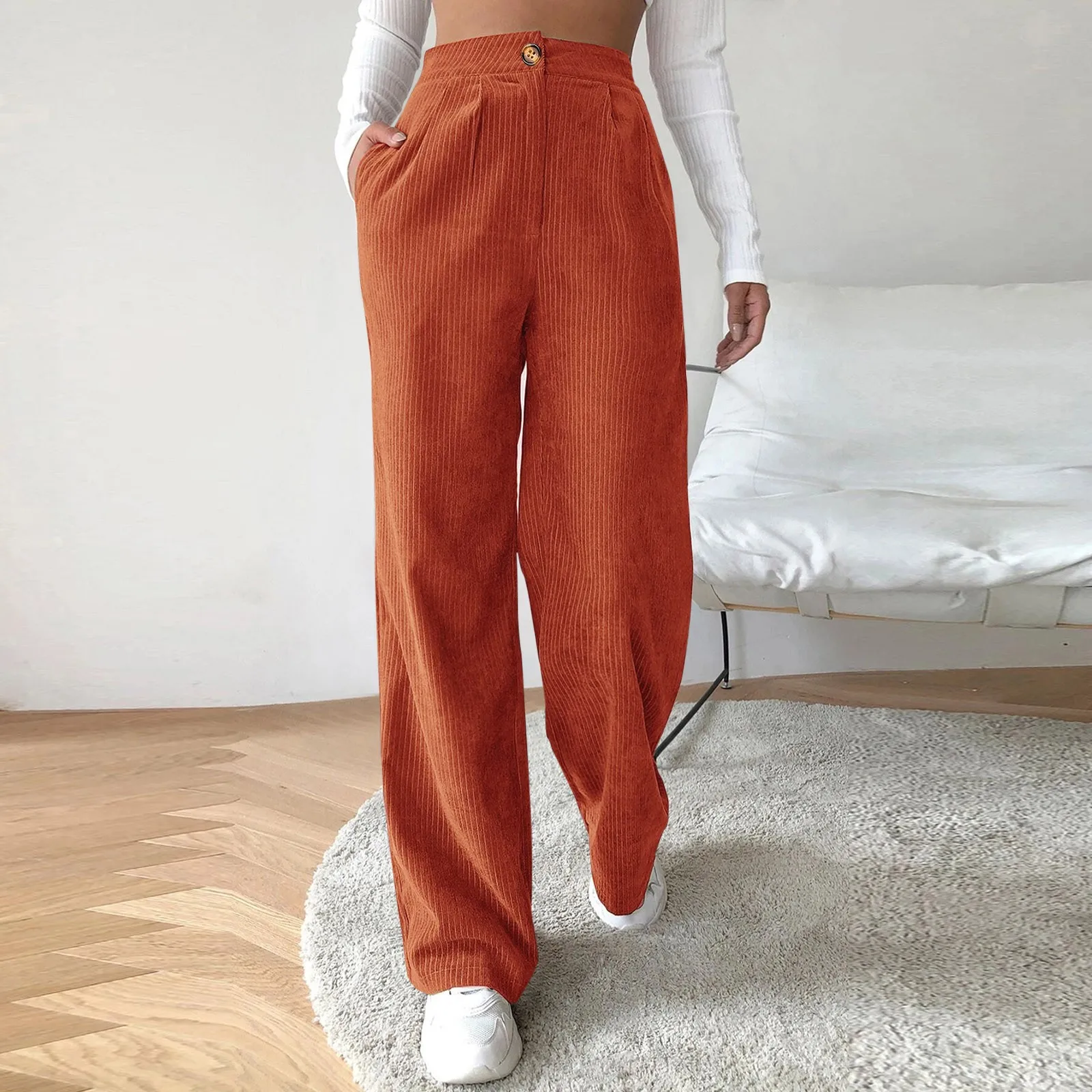 

Fashion High Waist Women Retro Corduroy Pants Fall Wide Leg Causal Loose Trousers Vintage Wine Red Pockets All Match Sweatpants