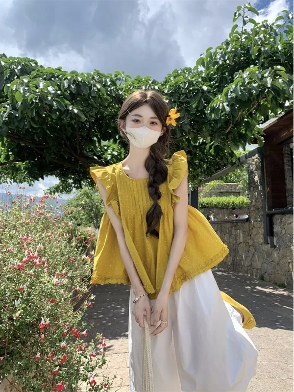 

plus Size Fashionable Doll Suit Women Summer New Folded Flying Sleeve Babydoll Shirt Lace Hem Wide Leg Pants Two Piece Set