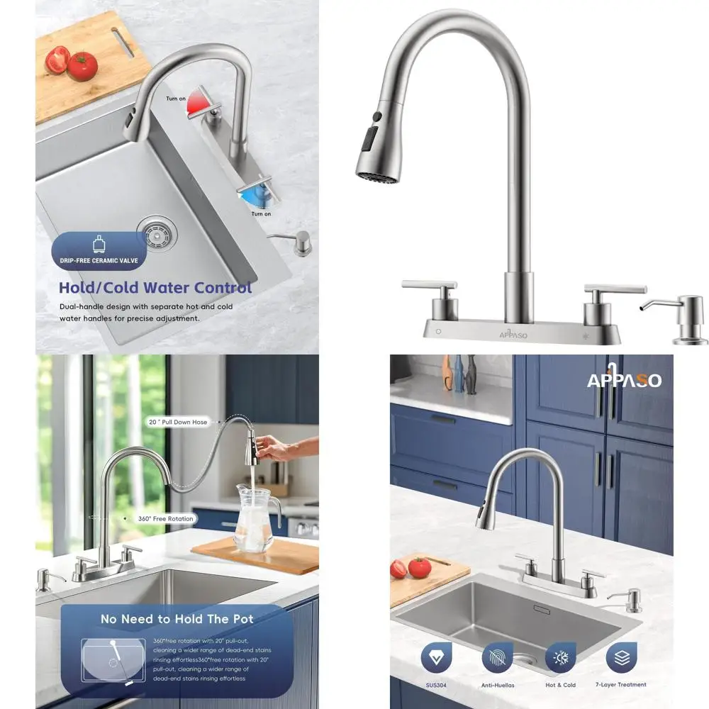 

4-Hole Pull-Out Spray Kitchen Faucet with Soap Dispenser, High Arc Design for RV Sinks, Brushed Nickel Finish