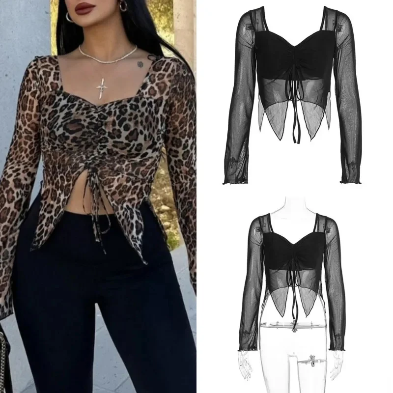 

Leopard Korean Y2K Harajuku Tops & Tees Women Black T-shirt Sexy 2000s 90s Aesthetic Vintage Long Sleeves T-shirt Top Tee New