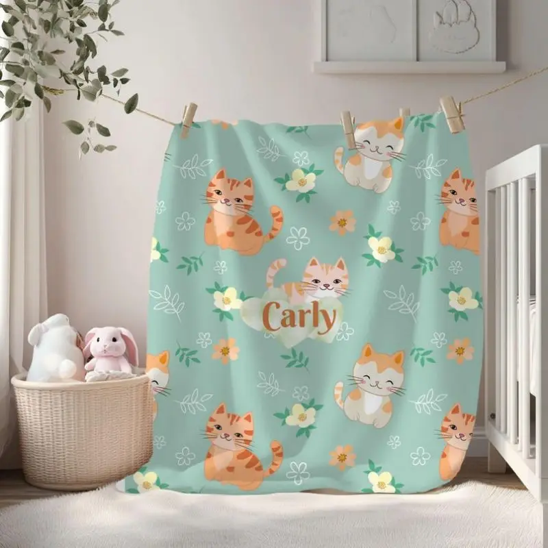 

VIKAMA Mint Green Cat Print Flannel Blanket Cozy Soft For Bedroom Sofa Camping Office Nursery Throw Home Decor