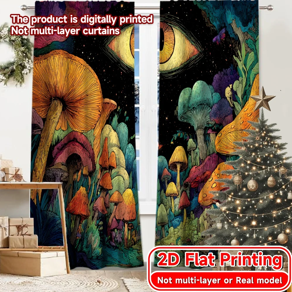 2D FLAT PRINTING 2pcs Curtains (Without Rod) Mushroom Wonderland with Eye New yearFestival Creative Curtains Fabric Curtains