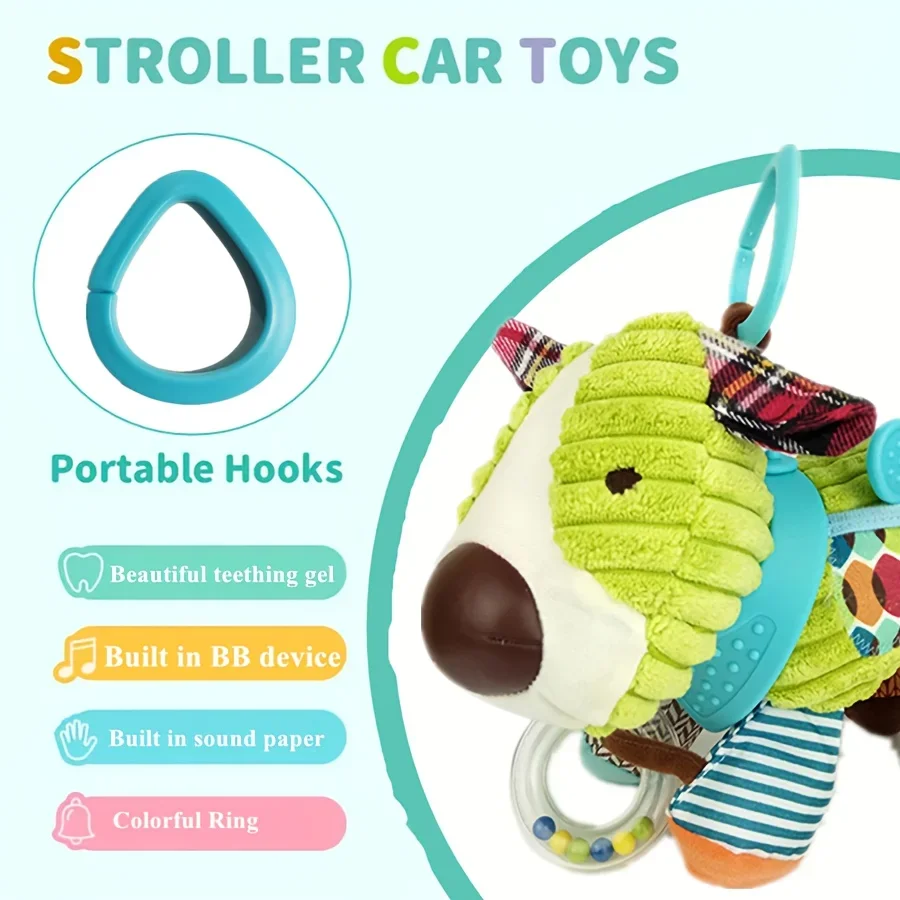 Poupée animale apaisante, chiot en peluche vert, poupée animale apaisante avec accessoires colorés en os et boule pour jeunes de 0 à 3 ans