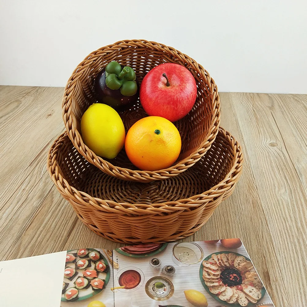 

Round Plastic Storage Basket Large Capacity Fruit Vegetable Organizer Imitation Rattan Woven Basket for Towel Magazine Sundries