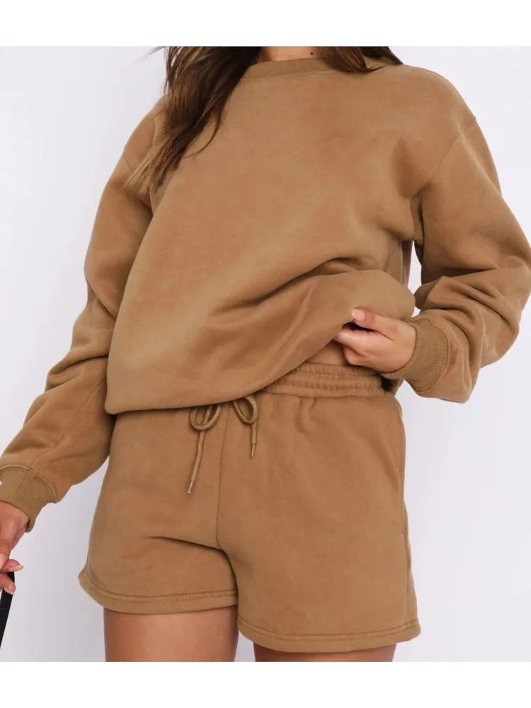 

Women Hoodies Tracksuit High Quality Long Sleeves+Shorts Two Piece Joggers Sportswear Loose Casual Sports Training Sweatsuit