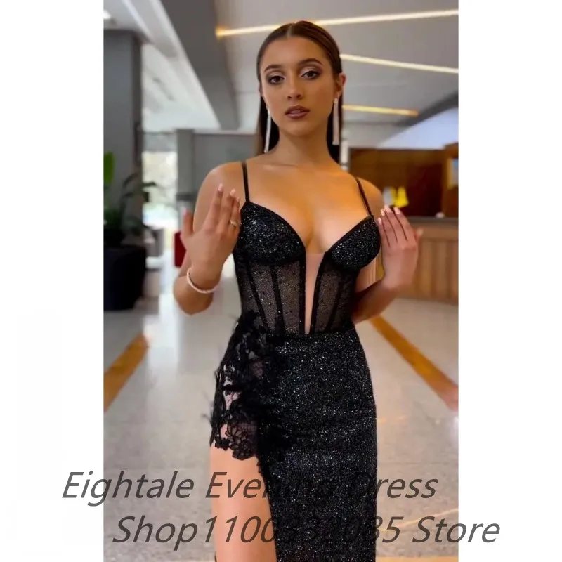 Eightale 2023 Black Sparkle Sequin Mermaid Evening Dresses Spaghetti Straps Side Slit Prom Dresses Dubai Formal Party Gown