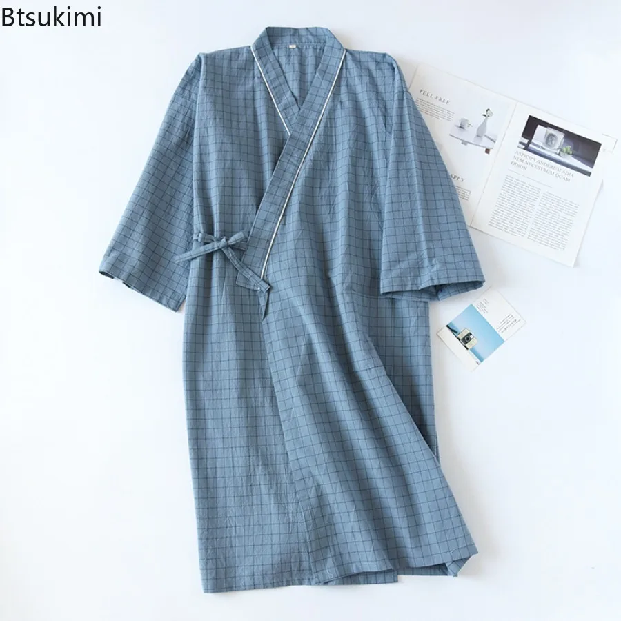 2025 Summer Couple's Home Sleeping Robe Thin Cotton Men and Women Washed 100% Cotton Bathrobe Plaid Comfortable Ladies Pajamas