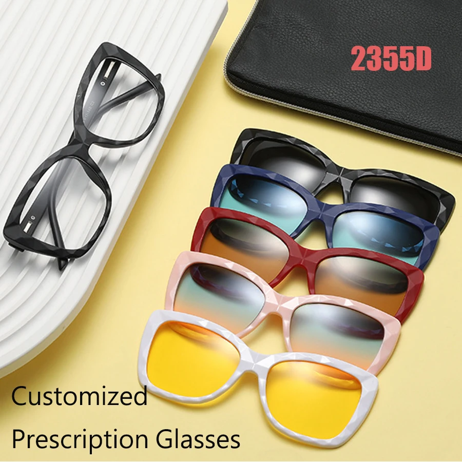 6 In 1 Customize Prescription Glasses Men Women Anti-Blue Light Myopia Hyperopia With 5 PCS Clip On Polarized Sunglasses 2355D