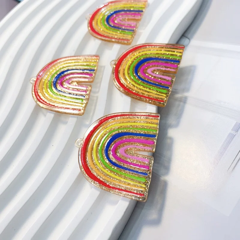 New arrived 50pcs/lot color pattern print cartoon rainbow shape acrylic beads diy jewelry garment pendant accessory