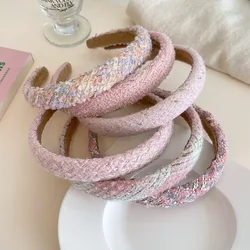 Romantic Pink Series Tweed Headbands French Style Women Hairbands Thin Sweet Hair Hoop Fashion Party Headwear Hair Accessories