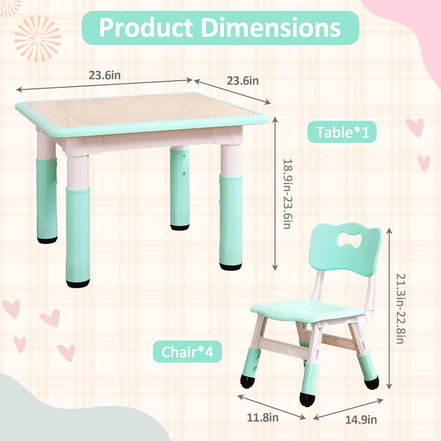 TackView 23inch Kids Table and 4 Chair Set Toddler Table Set-Teal Activity Art Craft Table Non-Slip Legs Graffiti TopMulti-Function Easy Assembly for Home School Kids view 7