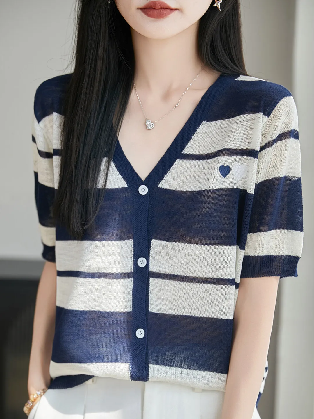 Retro Striped Ice Silk Knitted Open Cardigan Short Sleeve Women's V Neck Button Stylish Lightweight Half Sleeve Sun Protectio...