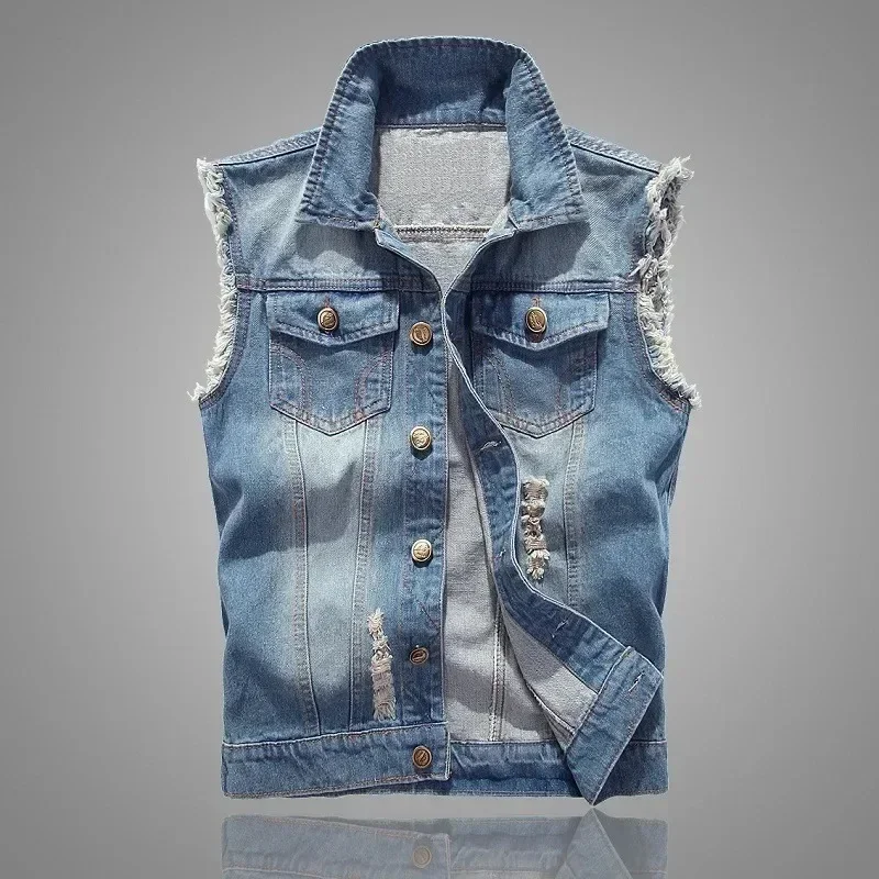 New Blue Denim Vests Men Casual Slim Button Sleeveless Denim Jackets Turn-down Collar Jean Vest for Men Spring Summer Outwear