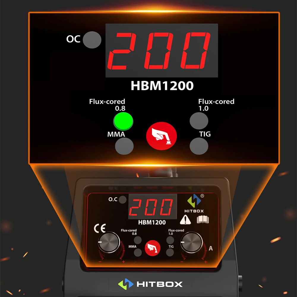 HITBOX MIG Welding Machine 220V 50/60Hz HBM1200 3 in 1 Semi-Automatic Inverter Welder Large Display ARC/MIG/Lift TIG Gasless Soldering Outdoor Home Welder for Carbon Steel Stainless Steel