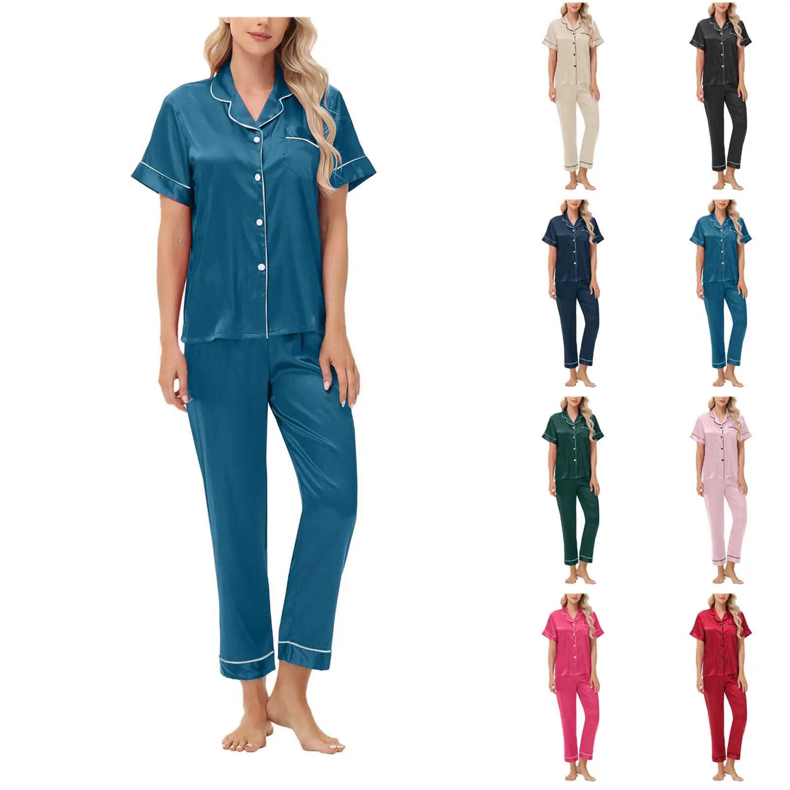 

Lady Elegant Simple Solid Color Pajamas Casual Short Sleeve Pant Soft Breathable Sleepwear Women Lapel Top Home Night Suit