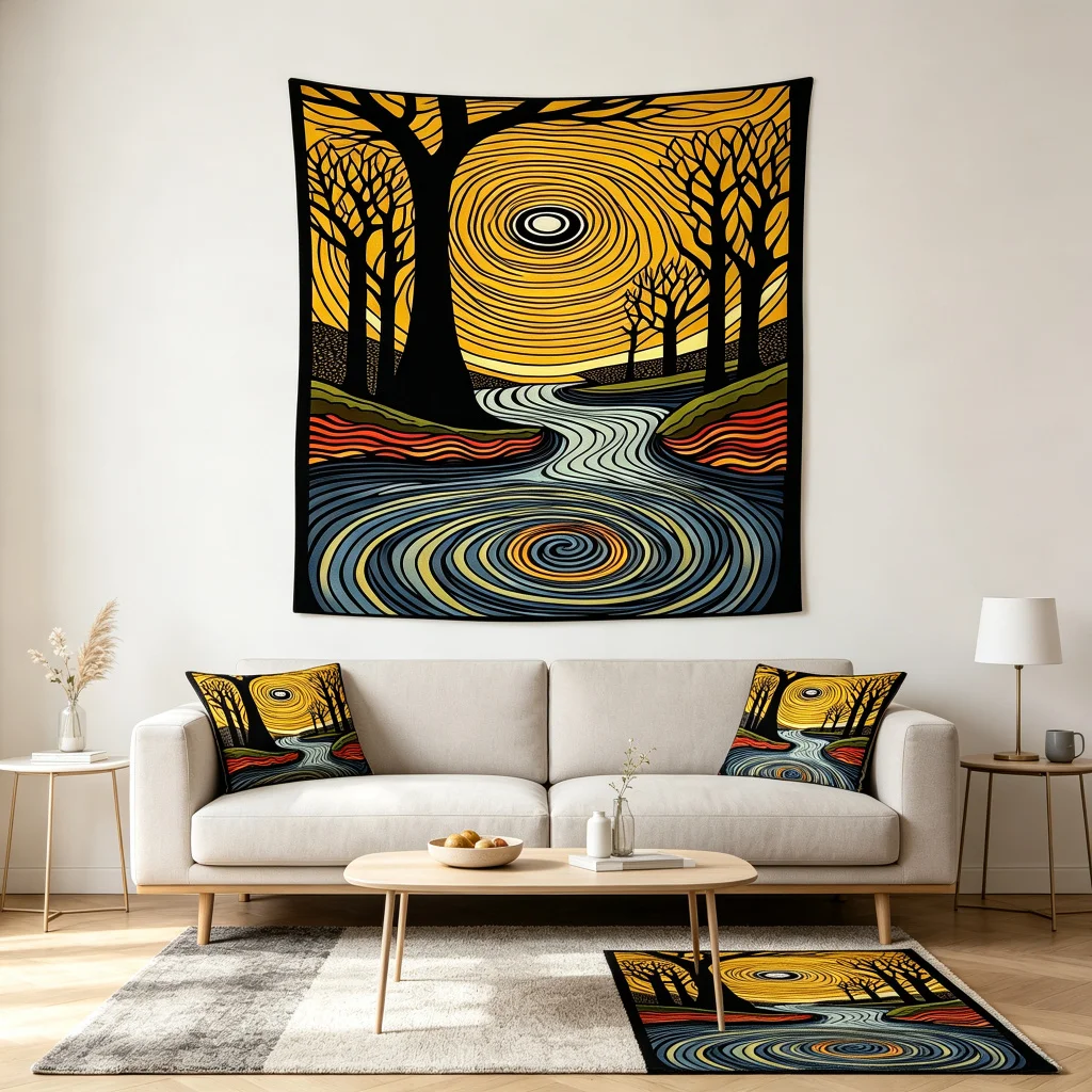 1PC Abstract Tree River Art Print Backdrop Banner, Bedroom Living Room Photo Background, Polyester, Home Decor, Wall Art