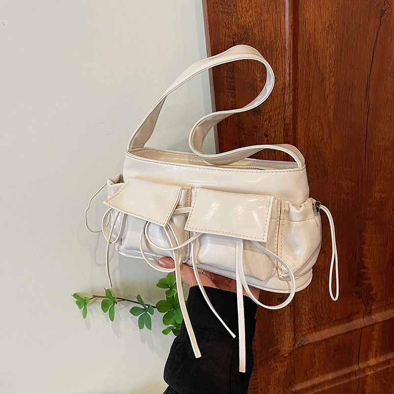 Sweet Girls Fashion Bow Shoulder Bag Soft Pu Leather Vintage Armpit Bag Large Capacity Multi-pocket Female Commuter Tote Bag2024