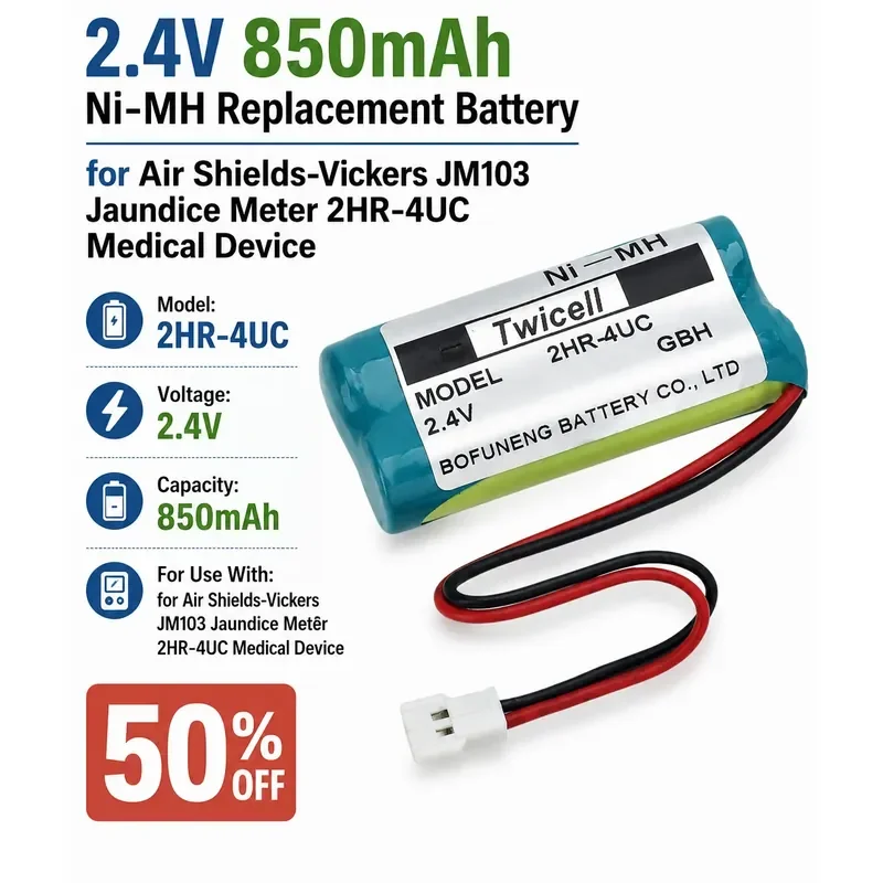 

2.4V 850mAh Ni-MH Replacement Battery for Air Shields-Vickers JM103 Jaundice Meter 2HR-4UC Medical Device