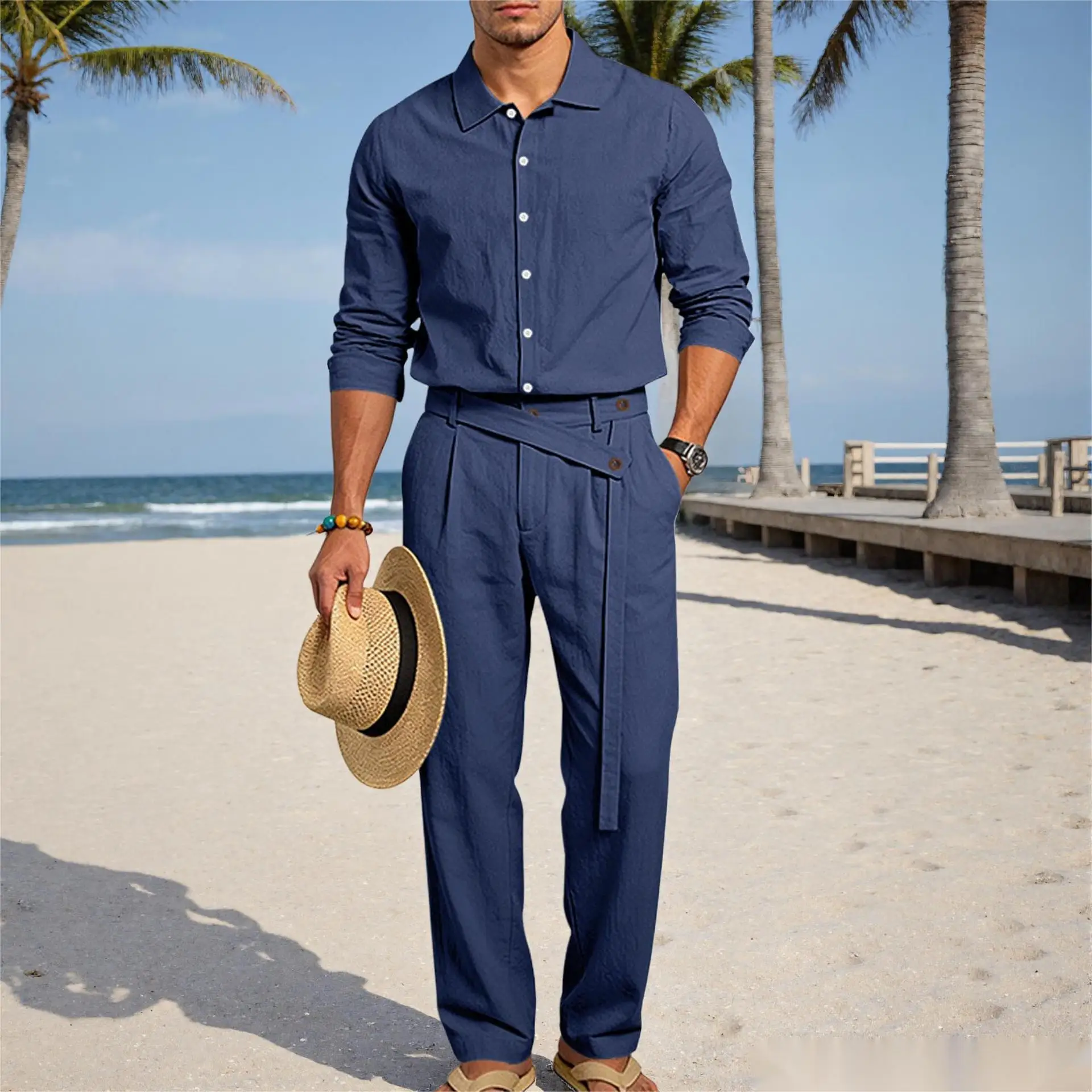 Europäisch-Amerikanisches Herren-Leinen-Freizeitset: Hemd mit Umlegekragen und Hose mit hohem Bund und Gürtel – Locker, atmungsaktiv, für Urlaub und Strand – Detail 11