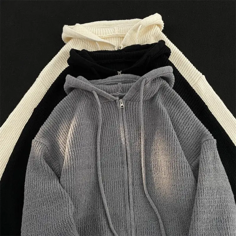 

Мужской кардиган на молнии в корейском стиле, повседневный, свободный, простой, универсальный, с капюшоном, вязаный свитер-куртка для пар