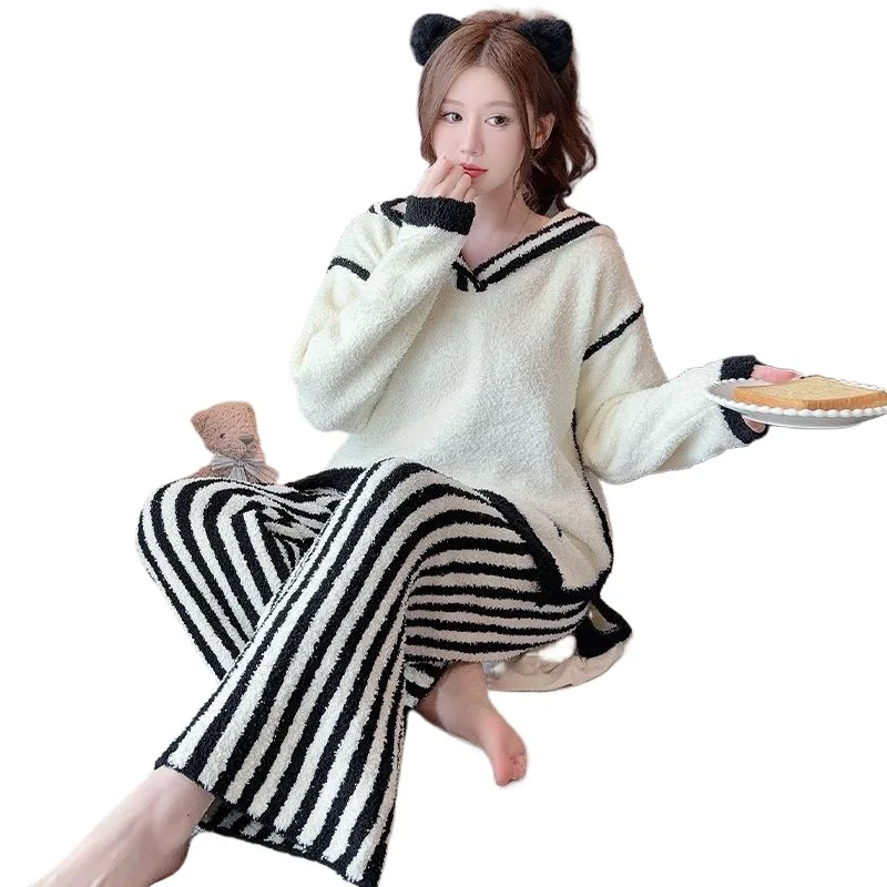 

Черно-белые пижамы с капюшоном и клавишами фортепиано, женские полуфлисовые зимние мягкие утолщенные домашние костюмы, комплект нижнего белья из двух предметов