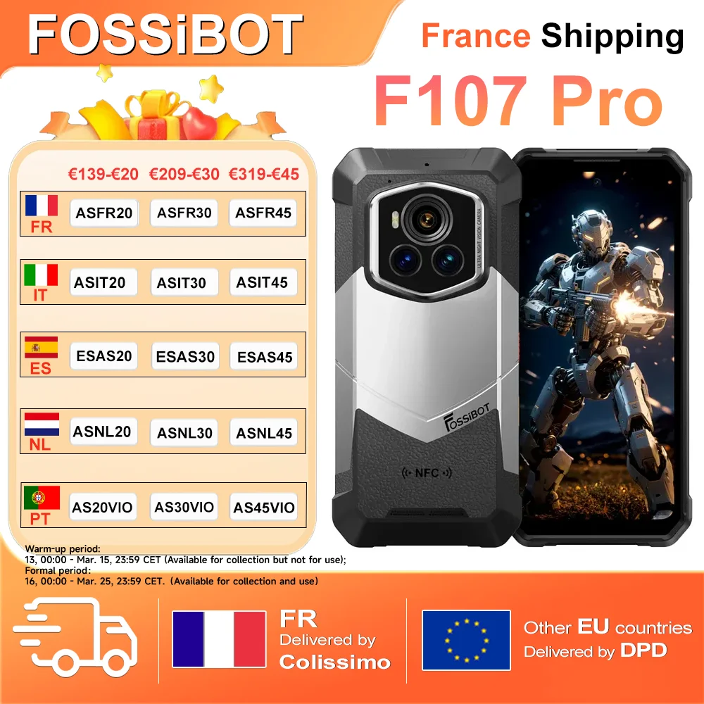 Fossibot F107 Pro 5G téléphone portable robuste 30GB(12 +18) + 512GB Android 15 28000mAh 66W 200MP + 32MP NFC/GPS double lampes de poche lumineuses