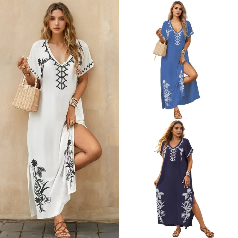 Vestidos de caftán para mujer, traje de baño con bordado floral, cubierta para traje de baño caftán con cuello en V