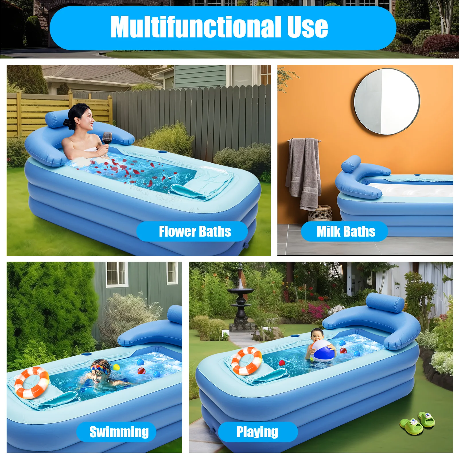 Inflatable Portable Bathtub, PVC Inflatable Pool, Foldable Spa Bathtub, Inflatable Basin, Bathtub for Adults, Children, Blue