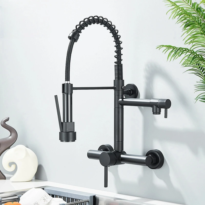 

Черный кухонный смеситель, настенный смеситель с одной ручкой, кухонный смеситель для горячей и холодной воды, двойной поворотный излив, пружинные выдвижные смесители