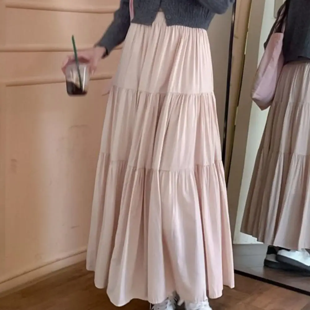 Maxi Skirt for Women High-Waist Elasticated Style with Pleats, A-Line Silhouette and Ruffled Tiered Hem in Solid Colors