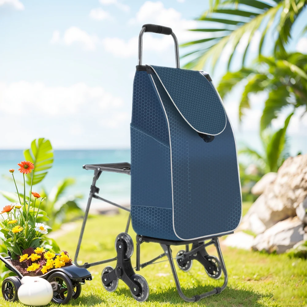 Climbing Stairs Luggage Cart Trolley with Waterproof Bag & Chair Foldable Stair Climbing Cart for Effortless Grocery Transport