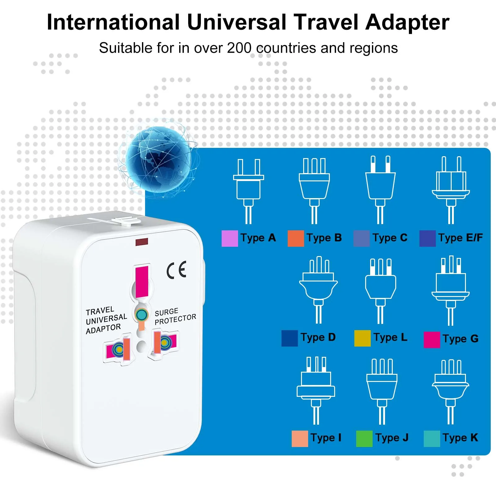 AU US UK EU Global Multifunction Convertible Travel Plug Adapter with 1 USB and 1 Tyep-c Port All-in-One AC Power Charger