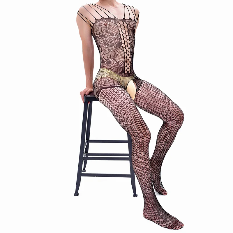 Men\'s Sexy Mesh Body Bodysuit Open Crotch Hot Men Women Porn Lingerie Ultra-Thin Transparent Erotic Adult  Clothing Garter Suit