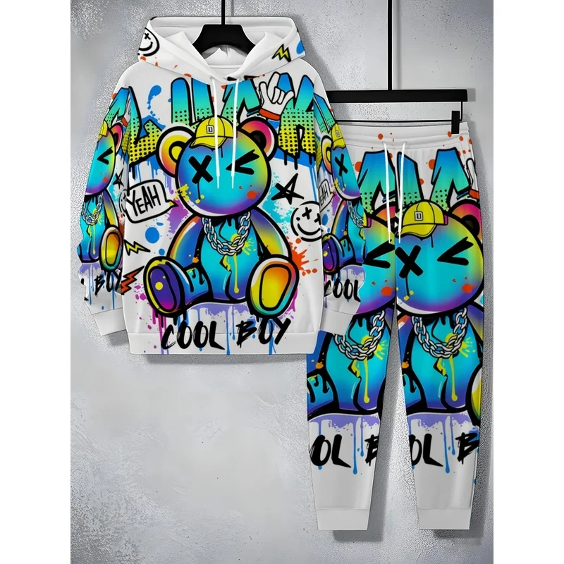Autumn And Winter Animal Wolf Pattern Printed Long Sleeved Sportswear, Drawstring Pants, Men'S And Women'S Couple Hoodie Set - view 3